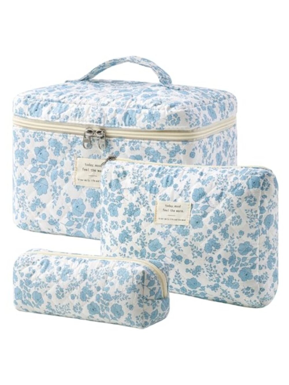 Quilted Cotton Makeup Bag Set 3pc Large Travel Cosmetic Organizer Floral